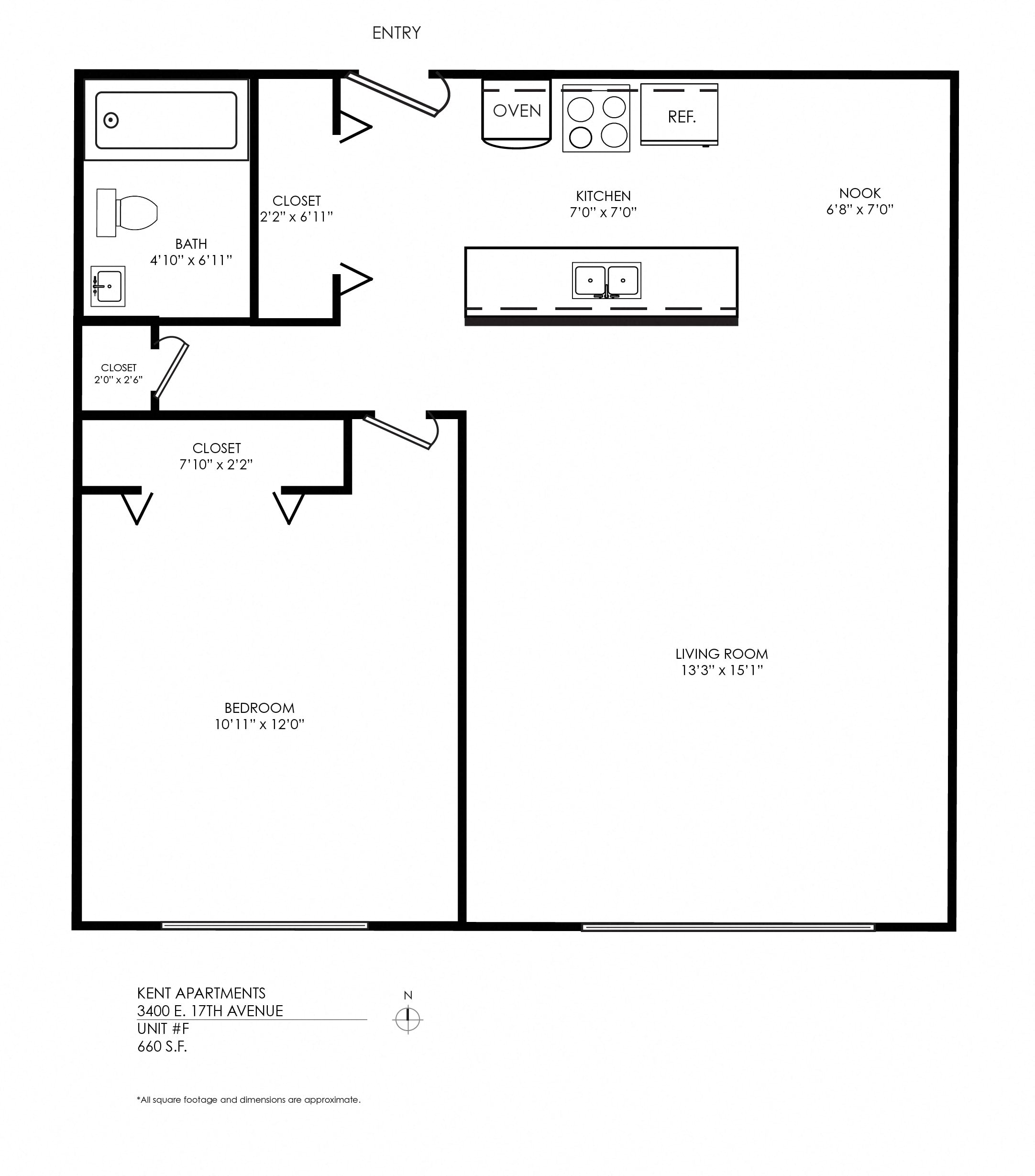 Floor plan for 1 bed, 1 bath, 660 sqft